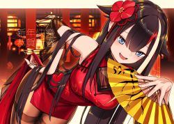 Rule 34 | 1girl, alternate costume, azur lane, black hair, black pantyhose, blue eyes, breasts, china dress, chinese clothes, commentary request, deutschland (azur lane), deutschland (lantern-lit ruler) (azur lane), dress, fang, flower, folding fan, hair flower, hair ornament, hand fan, highres, holding, holding fan, lantern, leaning forward, long hair, looking at viewer, medium breasts, multicolored hair, open mouth, pantyhose, paper fan, paper lantern, red dress, seigetsu kotaku, sidelocks, skin fang, smile, solo, standing, streaked hair, thighband pantyhose, translation request, very long hair