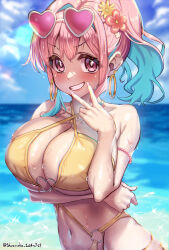 Rule 34 | 1girl, absurdres, aqua hair, arm under breasts, armlet, bare shoulders, bikini, blue sky, blush, breasts, cleavage, cloud, cloudy sky, collarbone, colored inner hair, commentary request, criss-cross halter, dated, day, earrings, fingernails, flower, grin, hair flower, hair intakes, hair ornament, halterneck, heart, heart-shaped eyewear, heart in eye, heart o-ring, highres, hoop earrings, hozuki kaede, huge breasts, jewelry, lens flare, long fingernails, long hair, looking at viewer, multicolored hair, nail polish, navel, o-ring, o-ring bikini, onii-chan wa oshimai!, outdoors, pink-tinted eyewear, pink eyes, pink hair, pink lips, pink nails, shoumoku, side ponytail, sky, smile, solo, stomach, swimsuit, symbol in eye, teeth, thighs, tinted eyewear, twitter username, two-tone hair, v, water, wet, white-framed eyewear, yellow bikini