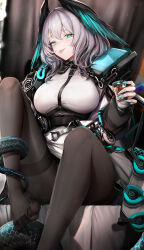 Rule 34 | 1girl, :p, absurdres, aqua eyes, aqua nails, arknights, black pantyhose, breasts, commentary request, cup, dress, feet, foot out of frame, grey hair, head wings, highres, ho&#039;olheyak (arknights), holding, holding cup, large breasts, long hair, looking at viewer, nail polish, no shoes, nopetroto, pantyhose, revision, sitting, smile, snake tail, solo, tail, thighband pantyhose, tongue, tongue out, white dress, wings