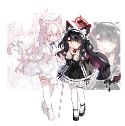 Rule 34 | 2girls, akira (blue archive), animal ear fluff, animal ears, black dress, black footwear, black hair, blue archive, blush, cat ears, cat tail, chinese commentary, closed mouth, dress, fox ears, fox tail, gothic lolita, halo, highres, lolita fashion, long hair, long sleeves, multiple girls, open mouth, pantyhose, pink halo, red eyes, red halo, saru, shoes, smile, tail, thighhighs, wakamo (blue archive), white dress, white footwear, white hair, white pantyhose, white thighhighs, yellow eyes, zoom layer