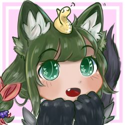 Rule 34 | 1girl, :d, animal ears, animal hands, anubis (monster girl encyclopedia), blush, chibi, fang, fur, green eyes, green hair, hair ornament, hands up, hhhori, highres, long hair, monster girl, monster girl encyclopedia, open mouth, pink background, simple background, smile, snake hair ornament, solo, star (symbol), star in eye, symbol in eye, wolf ears