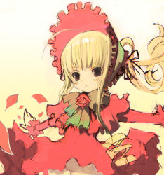 Rule 34 | 00s, 1girl, blonde hair, blush, bonnet, bow, capelet, dress, lolita fashion, long hair, long sleeves, outstretched arms, red dress, red eyes, rozen maiden, shinku, solo, spread arms, twintails