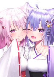 Rule 34 | :3, absurdres, ahoge, animal ears, apron, blush, cat ears, cheek-to-cheek, clenched hand, fang, flower, hair flower, hair ornament, hairclip, heads together, highres, hololive, japanese clothes, kimono, light purple hair, long sleeves, looking at viewer, maid, nanome to, nekomata okayu, nekomata okayu (new year), nijisanji, obi, official alternate costume, one eye closed, open mouth, pink eyes, pink hair, purple eyes, ribbon-trimmed sleeves, ribbon trim, sash, shiina yuika, shiina yuika (3rd costume), short hair, side-by-side, simple background, upper body, virtual youtuber, wa maid, white apron, white background, white kimono, wide sleeves