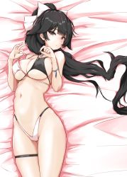 Rule 34 | 1girl, anklet, azur lane, bed, bikini, black hair, bow, bracelet, breasts, brown eyes, cleavage, cowboy shot, hair flaps, highleg, highleg bikini, highleg swimsuit, jewelry, large breasts, long hair, looking at viewer, lying, on back, p.i.t.d, solo, swimsuit, takao (azur lane), tosa (azur lane), tosa (hometown zest) (azur lane), white bow