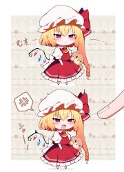Rule 34 | 1boy, 1girl, absurdres, anger vein, animal ears, apple, ascot, back bow, bear ears, black footwear, blonde hair, blush, border, bow, chibi, closed mouth, collared shirt, crystal, dress, fang, fingernails, flandre scarlet, food, frills, fruit, full body, gradient hair, grey background, hair between eyes, hat, hat ribbon, highres, holding, holding stuffed toy, mob cap, multicolored hair, multicolored wings, one side up, open mouth, orange ascot, orange hair, outside border, pointy ears, puffy short sleeves, puffy sleeves, red dress, red eyes, red ribbon, ribbon, shadow, shirt, shoes, short hair, short sleeves, socks, speech bubble, standing, stuffed animal, stuffed toy, teddy bear, tongue, touhou, v-shaped eyebrows, white border, white bow, white headwear, white shirt, white socks, wings, you (noanoamoemoe)