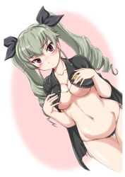 Rule 34 | 10s, 1girl, anchovy (girls und panzer), black panties, blurry, blush, breasts, cape, closed mouth, collarbone, covered erect nipples, cowboy shot, depth of field, drill hair, dutch angle, embarrassed, girls und panzer, green hair, highres, light frown, long hair, looking at viewer, medium breasts, no pants, no shirt, panties, red eyes, side-tie panties, solo, standing, thigh gap, twin drills, twintails, underwear, wan&#039;yan aguda