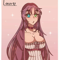Rule 34 | 1girl, artist request, belted dress, blue eyes, breasts, cleavage, collar, dress, green eyes, heterochromia, k-project, lace, large breasts, long hair, looking at viewer, neko (k-project), pink hair, solo, sweater, upper body, very long hair, white dress