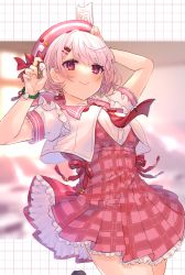 Rule 34 | 1girl, arm up, beret, blush, breasts, closed mouth, commentary request, dress, frilled dress, frills, hair between eyes, hair ornament, hairclip, hand up, hat, highres, holding, looking at viewer, medium breasts, nijisanji, pink dress, pink eyes, pink hat, pink sailor collar, plaid, plaid dress, pleated dress, puffy short sleeves, puffy sleeves, red eyes, sailor collar, shiina yuika, shiina yuika (7th costume), shikino yuki, shirt, short sleeves, smile, solo, virtual youtuber, white shirt