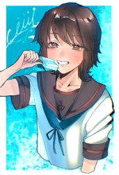 Rule 34 | 1girl, aupt31, black sailor collar, blue neckerchief, blush, brown eyes, brown hair, cropped torso, food, grin, highres, holding, holding food, holding popsicle, kantai collection, looking at viewer, miyuki (kancolle), miyuki kai ni (kancolle), neckerchief, popsicle, sailor collar, school uniform, serafuku, short sleeves, signature, smile, solo, upper body