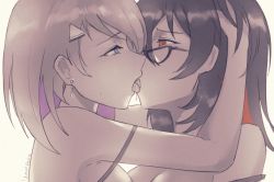 Rule 34 | 2girls, ahoge, artist name, bare shoulders, black hair, blonde hair, breasts, cleavage, colored inner hair, commentary, earrings, enma-chan, eye contact, french kiss, from side, glasses, hair ornament, hairclip, hand in another&#039;s hair, hololive, hololive english, jenma-chan, jewelry, kiss, looking at another, medium hair, multicolored hair, multiple girls, pink hair, red eyes, red hair, saliva, semi-circular eyewear, sunset skyline, tongue, tongue out, upper body, virtual youtuber, yuri