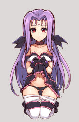 Rule 34 | 1girl, asclepius (nanoha), bare shoulders, black dress, black gloves, black panties, bridal garter, broken heart, clothes lift, clothes pull, collar, collarbone, dress, dress lift, facial mark, flat chest, forehead mark, gloves, gluteal fold, grey background, hair ribbon, heart, kneeling, long hair, lutecia alpine, lyrical nanoha, mahou shoujo lyrical nanoha strikers, navel, panties, pantyhose, pantyhose pull, parted bangs, purple hair, raiou, red eyes, ribbon, simple background, solo, tears, underwear, very long hair, white pantyhose