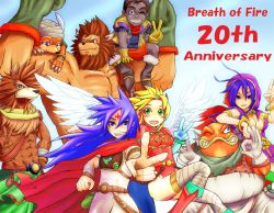 Rule 34 | 2girls, 6+boys, blonde hair, blue eyes, bracelet, breasts, breath of fire, breath of fire i, builder (breath of fire), capcom, cape, cleavage, danc, deis, elbow gloves, everyone, facial mark, forehead mark, gilliam, gloves, green eyes, hairband, hood, image sample, jewelry, leotard, manillo, md5 mismatch, mogu (breath of fire), multiple boys, multiple girls, nina (breath of fire i), ok sign, one eye closed, open mouth, pixiv sample, red leotard, ryuu (breath of fire i), torisei8, v, white wings, wings, wink