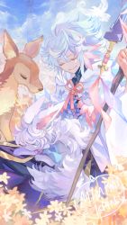 Rule 34 | 1boy, artist name, bird, blue cape, blue sky, cape, cloak, closed eyes, cloud, commentary request, creature, creature on lap, deer, dove, fate/grand order, fate (series), field, flower, flower field, fou (fate), fur, hair ornament, highres, holding, holding staff, long hair, male focus, merlin (fate), mimimikan, on lap, pink ribbon, ribbon, signature, sitting, sky, sleeping, smile, solo, staff, tail, tower, white cape, white hair, yellow flower