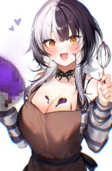 Rule 34 | 1girl, apron, bad food, black hair, blush, breasts, censored, censored food, cleavage, grey hair, highres, hololive, hololive english, large breasts, looking at viewer, maru ccy, mosaic censoring, multicolored hair, open mouth, shiori novella, smile, solo, split-color hair, teeth, two-tone hair, upper teeth only, virtual youtuber, whisk, yellow eyes