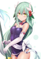 Rule 34 | 1girl, bare shoulders, blue one-piece swimsuit, blush, breasts, detached collar, dragon girl, dragon horns, elbow gloves, fate/grand order, fate (series), flower, gloves, green hair, hibiscus, highres, horns, kiyohime (fate), kiyohime (fate/grand order), kiyohime (swimsuit lancer) (fate), kiyohime (swimsuit lancer) (second ascension) (fate), long hair, looking at viewer, medium breasts, multiple horns, naginata, one-piece swimsuit, polearm, sash, sen (astronomy), smile, solo, swimsuit, weapon, white gloves, yellow eyes