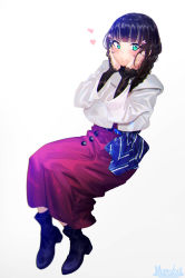 Rule 34 | 1girl, :&gt;, artist name, black footwear, black hair, blue ribbon, blush, boots, braid, buttons, closed mouth, commentary request, cropped jacket, full body, hair ornament, hair over shoulder, hands on own cheeks, hands on own face, hands up, highres, invisible chair, jacket, kurosawa dia, long hair, long skirt, long sleeves, looking at viewer, love live!, love live! school idol festival, love live! sunshine!!, marshall (wahooo), mole, mole under mouth, puffy cheeks, purple skirt, ribbon, simple background, sitting, skirt, sleeves past wrists, solo, striped ribbon, white background, white jacket