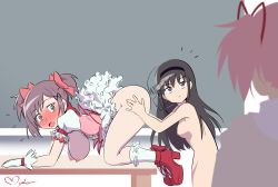 Rule 34 | 3girls, afterimage, age difference, akemi homura, all fours, ass, black hair, blush, bottomless, breasts, breasts out, caught, chalkboard, classroom, clothed female nude female, cosplay, desk, dress, embarrassed, eye contact, flying sweatdrops, gloves, hanging breasts, high heels, highres, kaname junko, kaname madoka, kaname madoka (cosplay), large breasts, long hair, looking at another, looking to the side, magical girl, mahou shoujo madoka magica, mahou shoujo madoka magica (anime), mature female, medium breasts, mmmalice, mother and daughter, multiple girls, nipples, nude, on desk, pink hair, purple eyes, purple hair, red ribbon, ribbon, school, school uniform, short hair, small breasts, twintails, walk-in, white gloves, yuri