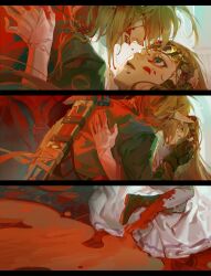 Rule 34 | 1boy, 1girl, blonde hair, blood, blood on clothes, blood on face, boots, crown, dress, elbow gloves, fingerless gloves, gloves, green tunic, grey pants, hand in another&#039;s hair, hand on another&#039;s back, highres, link, long hair, looking at another, master sword, nintendo, octahooves, pants, parted lips, pointy ears, princess zelda, sequential, sidelocks, the legend of zelda, the legend of zelda: ocarina of time, white dress, white gloves