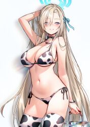 Rule 34 | 1girl, alternate costume, animal ears, animal print, arm up, armpits, asuna (blue archive), bare shoulders, bell, bikini, blonde hair, blue archive, blush, bracelet, breasts, bucket, cleavage, cow print, cow print bikini, cowbell, cowboy shot, gloves, hair over one eye, hair ribbon, halo, hands in hair, highres, holding, holding bucket, jewelry, large breasts, long hair, looking at viewer, mole, mole on breast, navel, neck bell, picter, print bikini, ribbon, side-tie bikini bottom, simple background, skindentation, smile, solo, stomach, string bikini, swimsuit, thighhighs, thighs, very long hair, white background