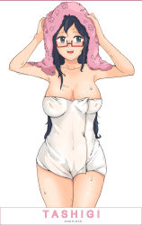 Rule 34 | 1girl, :d, absurdres, bad id, bad pixiv id, bare arms, bare shoulders, blue eyes, blue hair, blush, breasts, breasts apart, character name, collarbone, copyright name, covered erect nipples, cowboy shot, dkflkkldf, eyelashes, fingernails, glasses, hands on own head, hands up, highres, long fingernails, long hair, medium breasts, naked towel, one piece, open mouth, red-framed eyewear, semi-rimless eyewear, simple background, smile, solo, standing, tashigi, teeth, tongue, towel, towel on head, under-rim eyewear, upper teeth only, wet, white background, white towel