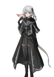 Rule 34 | 1girl, animal, au ra, axolotl, black footwear, black gloves, black robe, black shirt, black skirt, black thighhighs, boots, chihuri, collared shirt, dragon girl, dragon horns, dragon tail, dress shirt, elbow gloves, final fantasy, final fantasy xiv, gloves, grey hair, hair between eyes, hand up, highres, horns, knee boots, pleated skirt, red eyes, robe, shirt, simple background, skirt, solo, tail, thighhighs, thighhighs under boots, warrior of light (ff14), white background