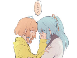 Rule 34 | 2girls, alternate costume, alternate hairstyle, bags under eyes, black sweater, blue hair, colored eyelashes, comforting, commentary request, crying, crying with eyes open, eye contact, face-to-face, from side, hair intakes, hand on another&#039;s arm, hand on another&#039;s cheek, hand on another&#039;s face, hankenkaku, hood, hood down, hoodie, kotonoha akane, kotonoha aoi, layered clothes, long hair, long sleeves, looking at another, low-tied sidelocks, multiple girls, open mouth, pink hair, ponytail, red eyes, shirt, short hair, siblings, sidelocks, simple background, sisters, smile, sweater, tears, upper body, voiceroid, white background, white shirt, yellow hoodie