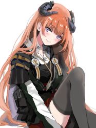 Rule 34 | 1girl, arknights, bagpipe (arknights), black thighhighs, blue eyes, blush, closed mouth, collared shirt, dragon horns, green jacket, horns, jacket, long hair, long sleeves, looking at viewer, miniskirt, open clothes, open jacket, orange hair, poppyseed00, red skirt, shirt, simple background, sitting, skirt, smile, solo, thighhighs, very long hair, white background, white shirt
