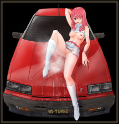 Rule 34 | 1girl, boots, breasts, car, motor vehicle, nipples, nissan, nissan skyline, no panties, peeing, pink hair, pussy, solo, uncensored, vehicle