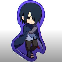 Rule 34 | amputee, boruto: naruto next generations, cape, fingerless gloves, frown, gloves, hair over one eye, looking at viewer, male focus, naruto (series), scabbard, sheath, simple background, solo, sticker, uchiha sasuke, weapon, white background