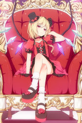 Rule 34 | 1girl, adjusting hair, alternate costume, armchair, blonde hair, bobby socks, chair, checkered floor, dinyc, dress, embodiment of scarlet devil, female focus, flandre scarlet, floor, gothic lolita, hat, crossed legs, lolita fashion, mary janes, mini hat, mini top hat, perspective, ponytail, red dress, red eyes, red upholstery, shoes, short hair, short hair with long locks, side ponytail, sitting, socks, solo, top hat, touhou, wings