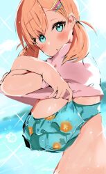 1girl :o alternate_breast_size arms_up bikini blue_bikini blue_eyes blurry blurry_background blush breasts commentary crossed_bangs english_commentary floral_print frilled_bikini frills hair_ornament hairclip highres hinoshita_kaho huge_breasts jacket jacket_over_swimsuit link!_like!_love_live! looking_at_viewer love_live! low_twintails medium_hair official_alternate_costume open_mouth orange_hair outdoors pink_jacket print_bikini shouma_(1026syoma) solo swimsuit twintails undressing upper_body virtual_youtuber