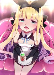 Rule 34 | 1girl, apron, bare shoulders, black bow, black dress, black ribbon, blonde hair, blush, bow, commentary request, couch, cup, detached sleeves, dream c club, dream c club (series), dress, drinking glass, fingernails, frilled apron, frills, gradient hair, green eyes, hair bow, hair ribbon, holding, holding cup, holding drinking glass, long hair, long sleeves, looking at viewer, mononobe alice, multicolored hair, natsumi akira, nijisanji, on couch, open mouth, pleated dress, purple hair, ribbon, saliva, sitting, sleeves past wrists, solo, very long hair, virtual youtuber, waist apron, white apron