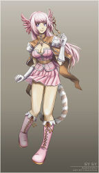 1girl alternate_color animal_ears boots border breasts brown_background brown_cape cape cat_ears cleavage closed_mouth commentary commission creator_(ragnarok_online) english_commentary full_body gloves gradient_background head_wings large_breasts long_hair looking_at_viewer pink_boots pink_eyes pink_hair pink_shirt pink_skirt pink_wings ragnarok_online shirt skirt slumberpoppy smile solo white_border white_gloves wings