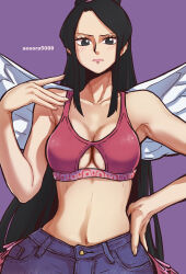 Rule 34 | 1girl, alternate costume, angel wings, aosora2823, armpits, artist name, black eyes, black hair, blue pants, blush, bra, breasts, cleavage, closed mouth, collarbone, commentary, cowboy shot, denim, hand on own hip, highres, jeans, laki (one piece), light frown, lips, looking at viewer, medium breasts, navel, one piece, pants, parted bangs, purple background, red bra, sidelocks, simple background, solo, sports bra, standing, stomach, straight hair, underboob, underwear, wide hips, wings