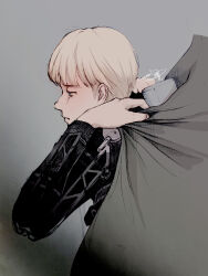 Rule 34 | 1boy, absurdres, armin arlert, black bodysuit, blonde hair, blue eyes, bodysuit, bowl cut, cloak, closed mouth, commentary request, empty eyes, from side, green cloak, grey background, highres, looking down, male focus, putting on cloak, round nose, sad, sayo nara drawing, shingeki no kyojin, short hair, signature, simple background, solo, three-dimensional maneuver gear, vignetting