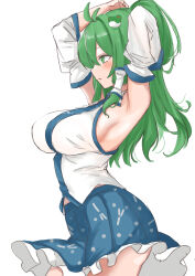 Rule 34 | 1girl, absurdres, adjusting hair, arms up, blue sky, blush, breasts, commentary request, detached sleeves, explosive, frog hair ornament, green hair, grenade, hair ornament, highres, japanese clothes, kochiya sanae, kuraki, large breasts, looking ahead, midriff peek, miko, pleated skirt, profile, simple background, skirt, sky, solo, touhou, white background