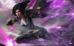 Rule 34 | 1girl, afterimage, ass, black hair, blurry, blurry background, bodysuit, breasts, cleavage, collarbone, facial mark, facing viewer, from side, kai&#039;sa, league of legends, lips, long hair, looking at viewer, looking back, medium breasts, motion lines, parted lips, purple eyes, raikoart, running, signature, solo