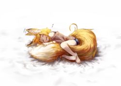 Rule 34 | 1girl, :d, animal ear fluff, animal ears, bare shoulders, bare tree, barefoot, bike shorts, blonde hair, closed eyes, commentary request, fox ears, fox tail, hugging own tail, hugging tail, jaco, large tail, long sleeves, lying, motion lines, on side, open mouth, original, parted lips, ribbed sweater, short hair, sleeping, smile, solo, sweater, tail, tree