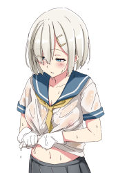 Rule 34 | 10s, 1girl, aoi tiduru, black skirt, blue eyes, blush, breasts, chizurusou (tiduru 39), cleavage, clothes lift, collarbone, commentary request, covered erect nipples, gloves, hair ornament, half-closed eyes, hamakaze (kancolle), highres, jitome, kantai collection, large breasts, looking down, navel, nipples, no bra, pleated skirt, school uniform, see-through, serafuku, shirt, shirt lift, short hair, short sleeves, silver hair, simple background, skirt, solo, upper body, water, wet, wet clothes, wet shirt, white background, white gloves, wringing clothes