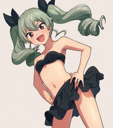 Rule 34 | 1girl, :d, anchovy (girls und panzer), asada hachi, bikini, black bikini, black ribbon, blush, breasts, commentary request, drill hair, frilled bikini, frills, girls und panzer, green hair, grey background, hair ribbon, hands on own hips, highres, looking at viewer, navel, open mouth, red eyes, ribbon, simple background, small breasts, smile, solo, swimsuit, thighs, twin drills