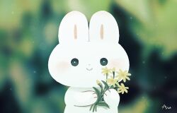 Rule 34 | animal focus, ayu (mog), black eyes, blurry, blurry background, blush, bright pupils, bubble, closed mouth, flower, holding, holding flower, light particles, looking at viewer, no humans, original, rabbit, signature, smile, solo, white pupils, yellow flower
