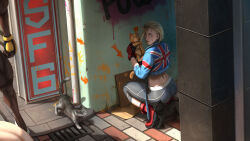 Rule 34 | 1boy, 1girl, animal ears, ass, blonde hair, brick floor, cammy white, cat, cat ears, cat tail, fingerless gloves, gloves, highres, jacket, long sleeves, pants, squatting, street fighter, street fighter 6, tail, union jack, whoareuu