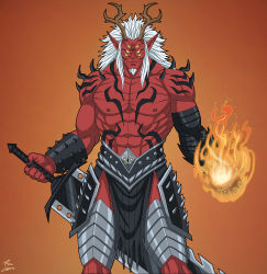 Rule 34 | 1boy, artist request, claws, clenched hands, colored skin, commission, dc comics, demon, demon boy, demon horns, destruction, extra eyes, fangs, fire, glowing, glowing eyes, highres, holding, holding sword, holding weapon, horns, huge weapon, long hair, monster, phil-cho, pointy ears, red skin, sharp teeth, sword, teen titans, teeth, trigon, weapon, white hair
