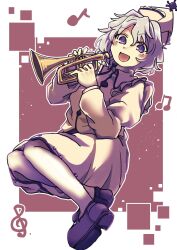 Rule 34 | 1girl, apapo, beamed eighth notes, black footwear, blush, eighth note, full body, hair between eyes, hat, highres, holding, holding instrument, instrument, long sleeves, merlin prismriver, musical note, one-hour drawing challenge, open mouth, pantyhose, purple eyes, shoes, short hair, skirt, smile, solo, touhou, treble clef, trumpet, vest, white hair, white hat, white pantyhose, white skirt, white vest