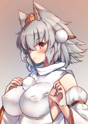 Rule 34 | 1girl, absurdres, animal ears, bare shoulders, barefoot, blush, breasts, covered erect nipples, detached sleeves, gradient background, hat, highres, inubashiri momiji, large breasts, looking at viewer, looking to the side, onomiya, pom pom (clothes), red eyes, ribbon-trimmed sleeves, ribbon trim, shirt, short hair, sideboob, silver hair, sleeveless, sleeveless shirt, smile, solo, tokin hat, touhou, turtleneck, upper body, white shirt, wolf ears