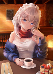 Rule 34 | 1girl, alternate costume, artist name, bare shoulders, blue eyes, blue jacket, blueberry, breasts, camisole, cleavage, closed mouth, coffee, commission, cup, food, fruit, head tilt, highres, indoors, izayoi sakuya, jacket, long hair, looking at viewer, maid headdress, medium breasts, off shoulder, open clothes, open jacket, pancake, red scarf, restaurant, saucer, scarf, sebu illust, silver hair, smile, solo, strawberry, table, touhou, upper body