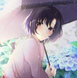 Rule 34 | 1girl, :o, black hair, blurry, blush, depth of field, dress, forget-me-not (flower), highres, idolmaster, idolmaster cinderella girls, lace, lace-trimmed dress, lace-trimmed umbrella, lace trim, light, looking at viewer, looking to the side, pink dress, rain, satoimo chika, shiny clothes, shiragiku hotaru, short hair, solo, umbrella
