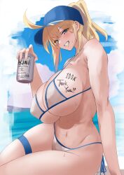 Rule 34 | 1girl, absurdres, beer can, bikini, blonde hair, body writing, breasts, can, character request, drink can, fate/grand order, fate (series), highres, huge breasts, kasumi saika, mysterious heroine x (fate), swimsuit