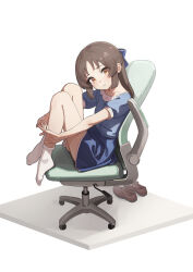 Rule 34 | 1girl, absurdres, blue dress, bobby socks, bow, brown eyes, brown hair, chair, commentary request, dress, hair bow, highres, idolmaster, idolmaster cinderella girls, idolmaster cinderella girls u149, knees up, loafers, long hair, looking at viewer, office chair, on chair, puffy short sleeves, puffy sleeves, shoes, unworn shoes, short sleeves, socks, solo, swivel chair, tachibana arisu, thighs, white background, white socks, xpsuv