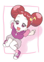 Rule 34 | 1girl, :d, absurdres, arm support, commentary request, double bun, fortissimo, from above, full body, grey shorts, hair bun, hair ornament, harukaze doremi, highres, hood, hoodie, knees up, looking at viewer, musical note, musical note hair ornament, ojamajo doremi, open mouth, pink shirt, purple eyes, purple hoodie, red hair, shirt, shoes, short bangs, short hair, short sleeves, shorts, sitting, smile, sneakers, solo, tamura-chan, white background